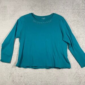 Studio Works Embellished Top Women XL Teal Blue Long Sleeve Rhinestone Cotton